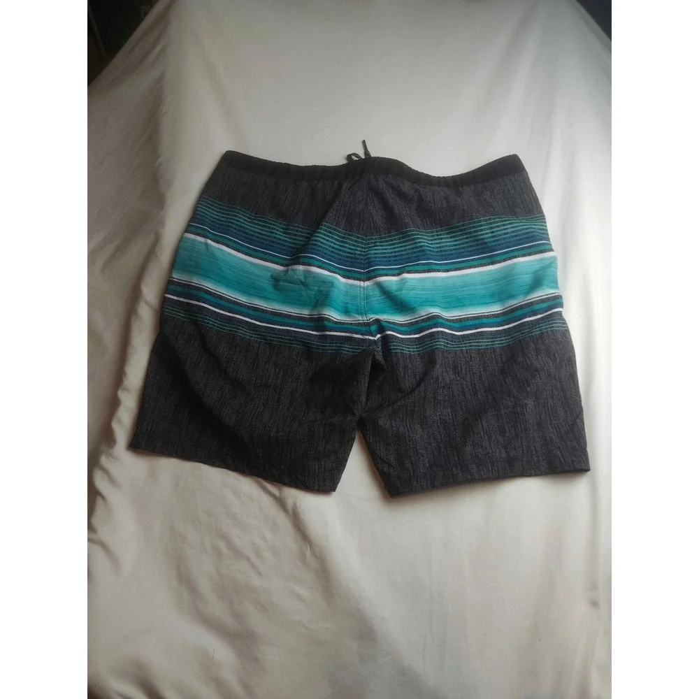 ZeroXposur Mens Board Shorts XXL Gray Teal Striped Swim Trunks Zip Pocket